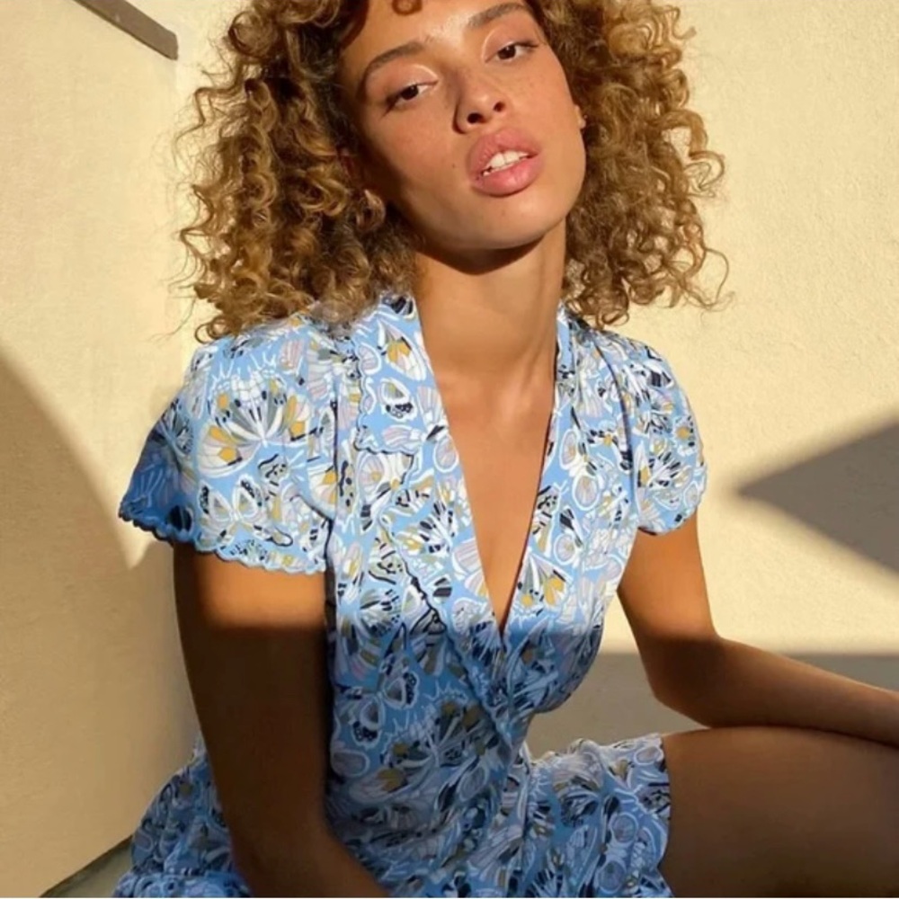 Sunday Best Light Blue Floral Wrap Mini Dress with Yellow Highlights